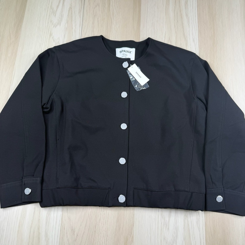 Spanx Ponte Femme Bomber Button Jacket Long Sleeve Black Womens Size XL NWT